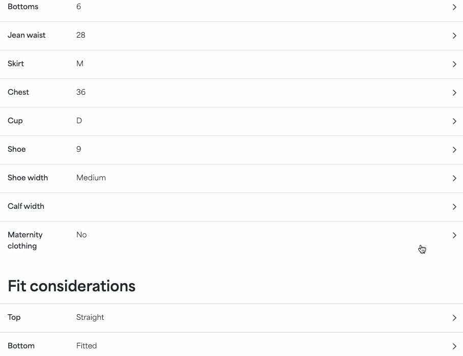 GIF of selecting “Maternity clothing” on the Style Profile, opening up the option to select “Yes” to being interested in receiving maternity items.