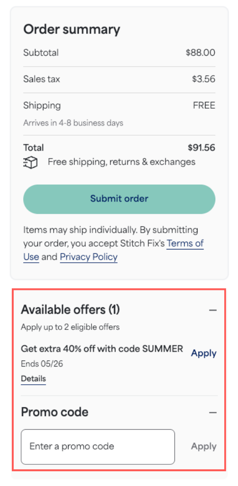 Image of the order summary of a Freestyle item, with the “Available offers” and “Promo code” section highlighted with a red box.