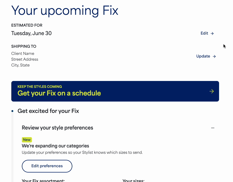 GIF of selecting the Edit button for the estimated delivery date, choosing a new date, and then selecting “Submit” to update the delivery date.