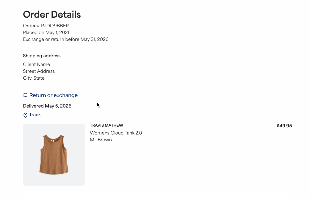 GIF of selecting “Return or exchange” on a Freestyle order, then selecting the item and moving through the return feedback process.