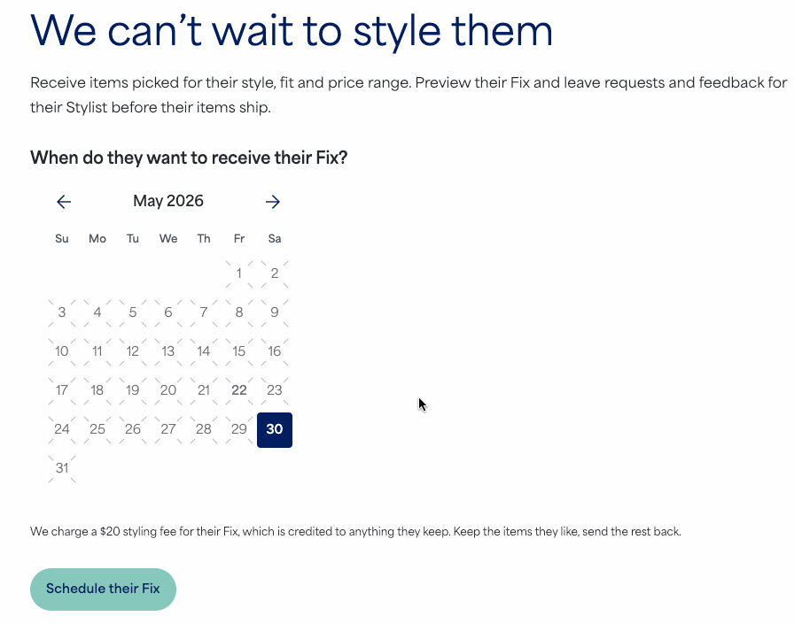 GIF of selecting a date from the calendar located on the Fix page and then selecting “Schedule their Fix.”