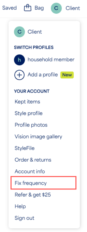 Image of the client account menu with the “Fix frequency” option highlighted in red.