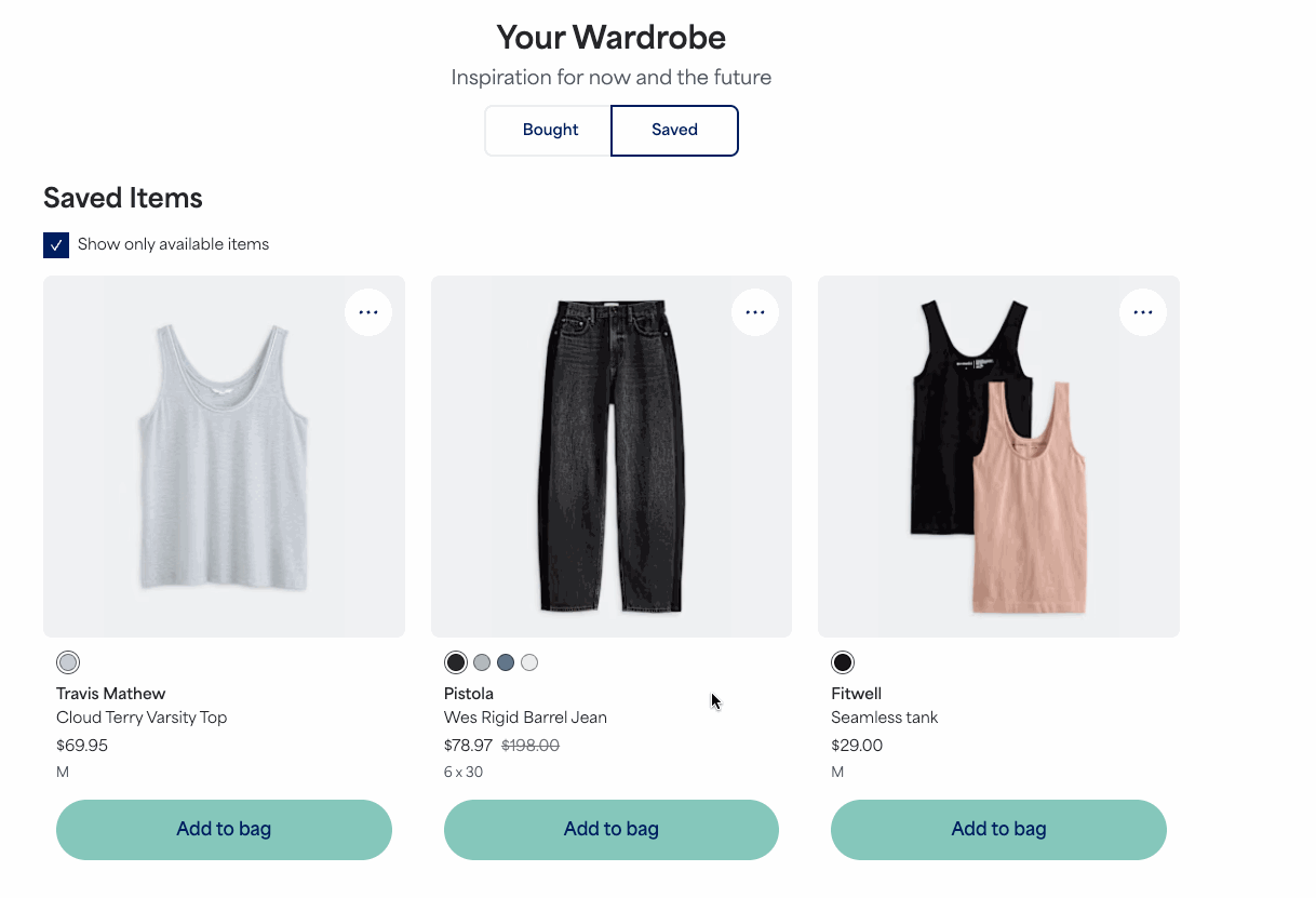 GIF of selecting an item from “Your Wardrobe” and then selecting “Get it in a Fix” and scheduling a shipment.