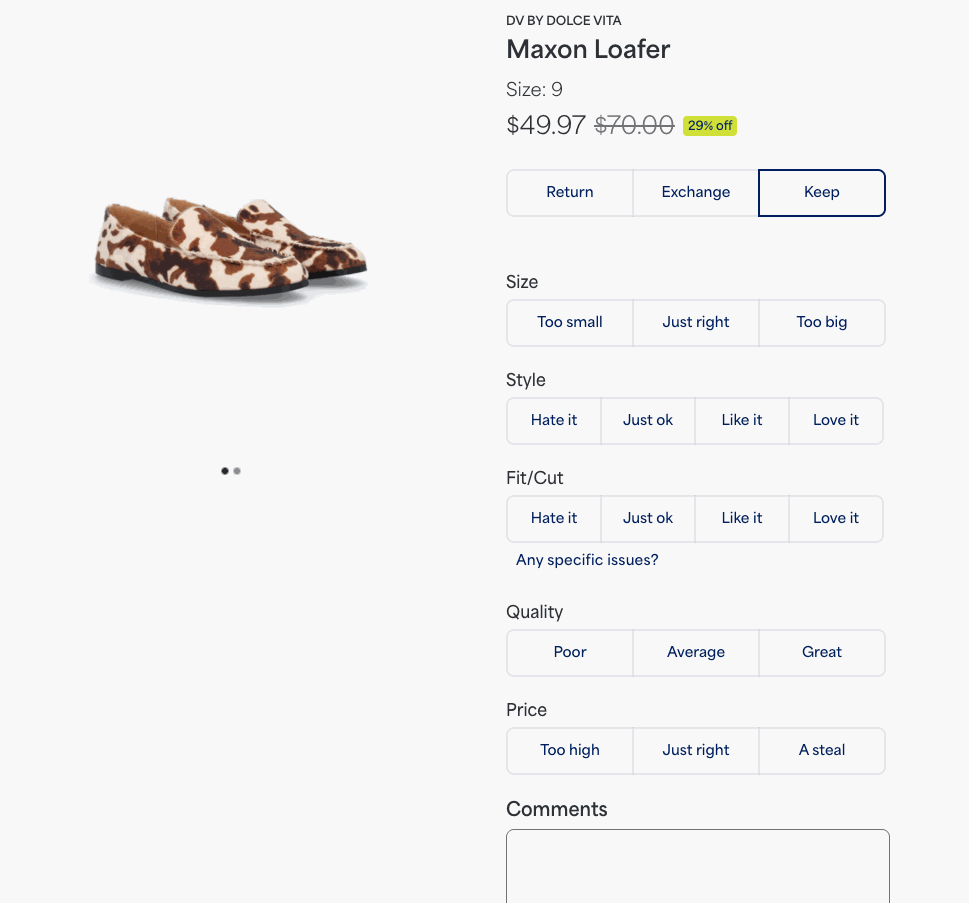 GIF of making a feedback selection for each category presented and leaving a free form comment during the checkout process.