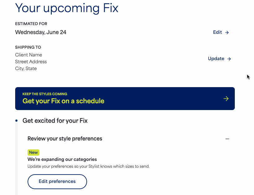 GIF of selecting the Edit button for the estimated delivery date, selecting “Cancel” and then confirming by selecting “Cancel your Fix.”