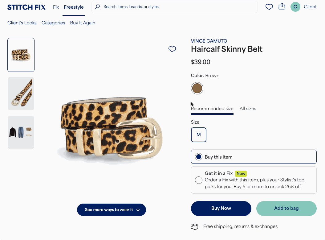 GIF of selecting the heart icon on an item to save it and then selecting “Move to bag” to add it to the shopping bag