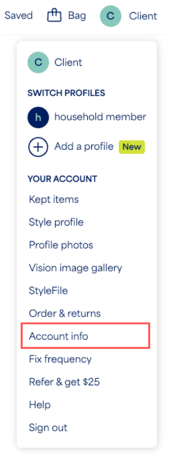 Image of the client account menu with the “Account Info” option highlighted in red.