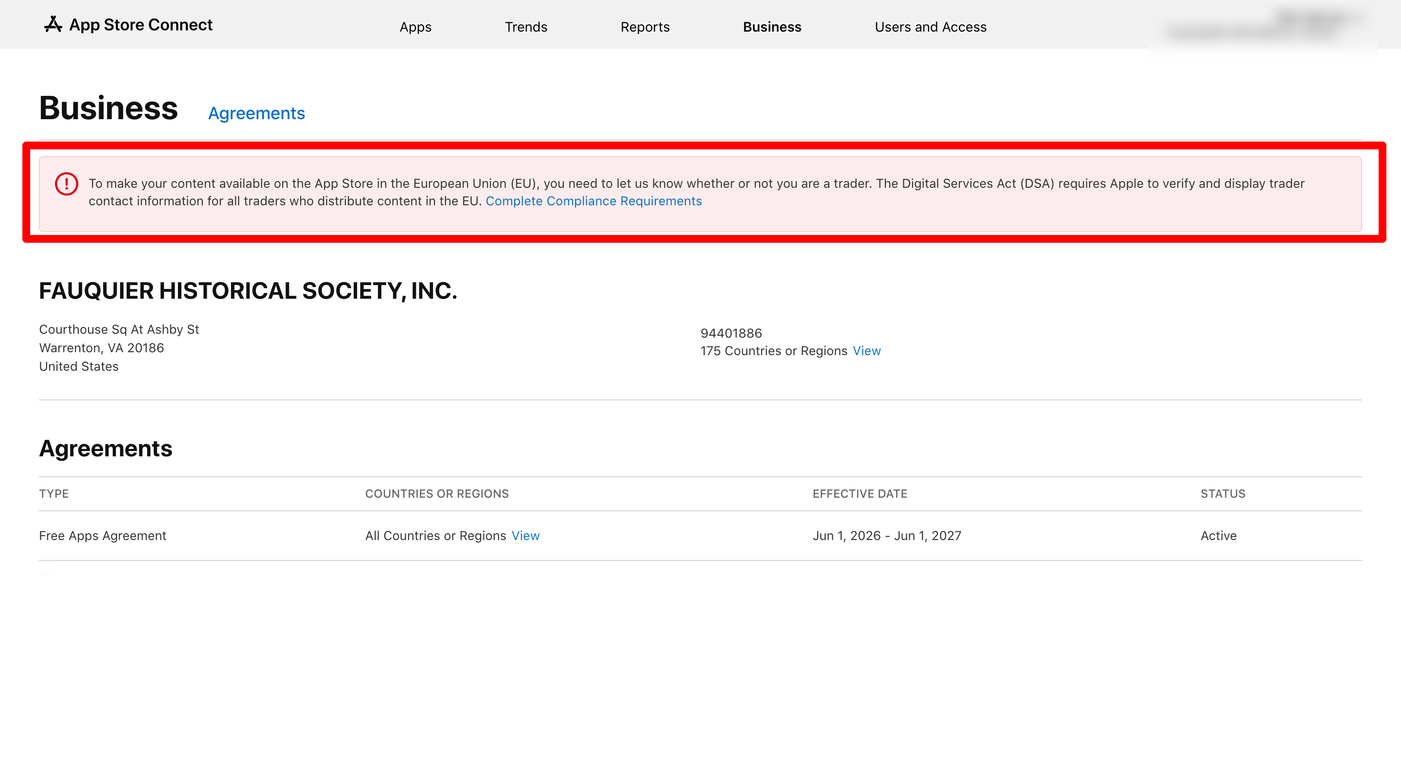 Screenshot highlighting pending agreements and action items on the Apple App Store Connect