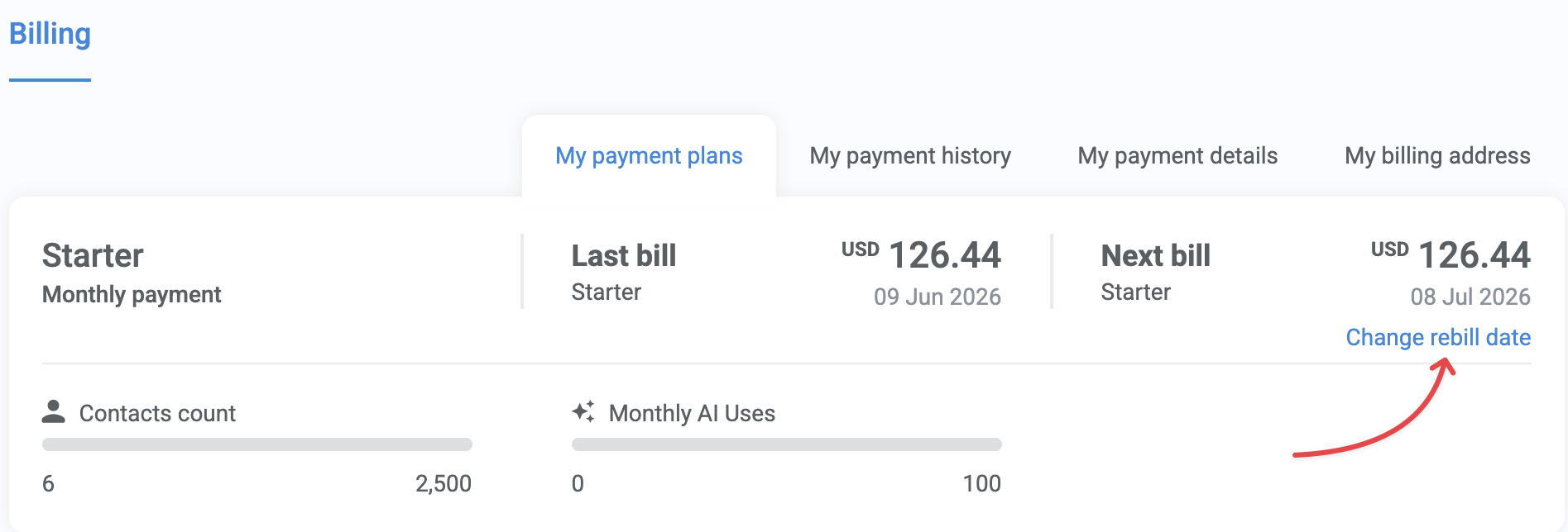 Change rebill date under Billing