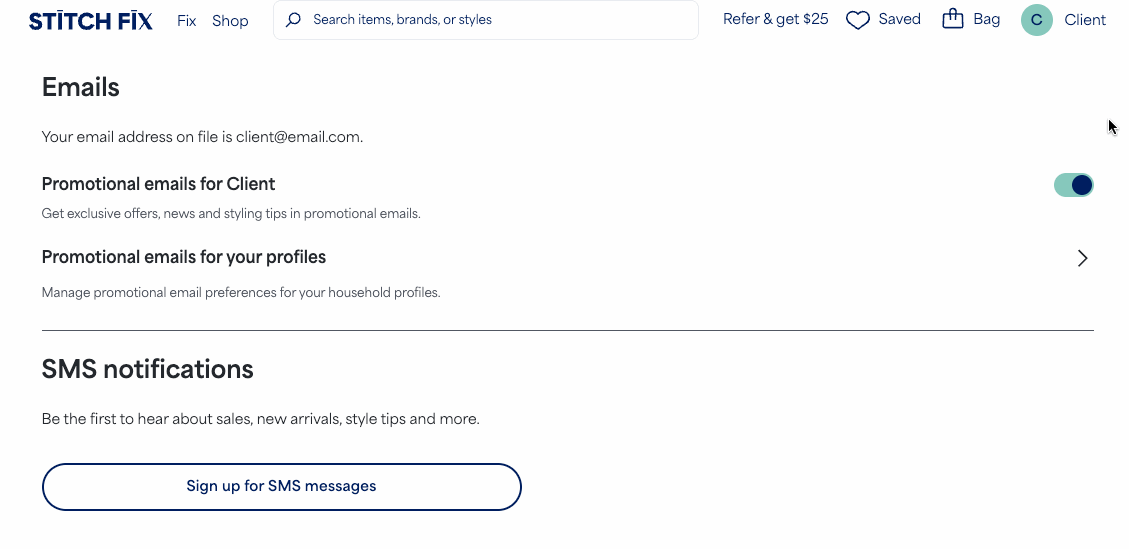 GIF of toggling off Promotional emails for the client.