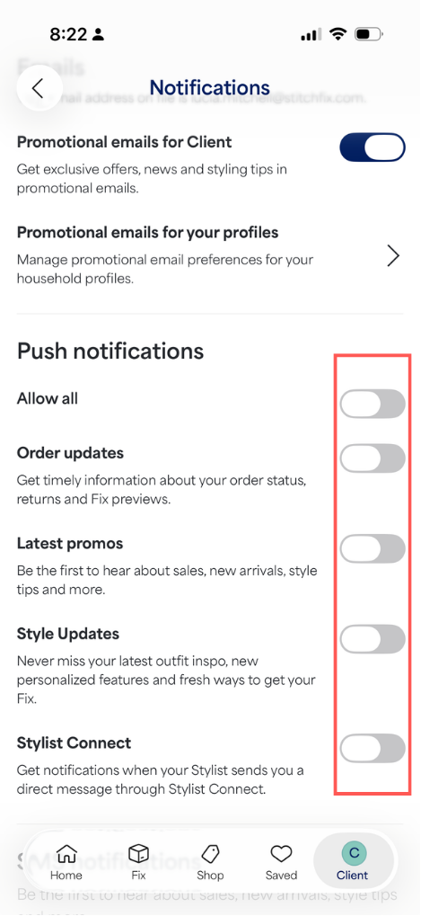 Image of the Notifications page in the iOSapp with the Push notifications toggles highlighted with a red outline.