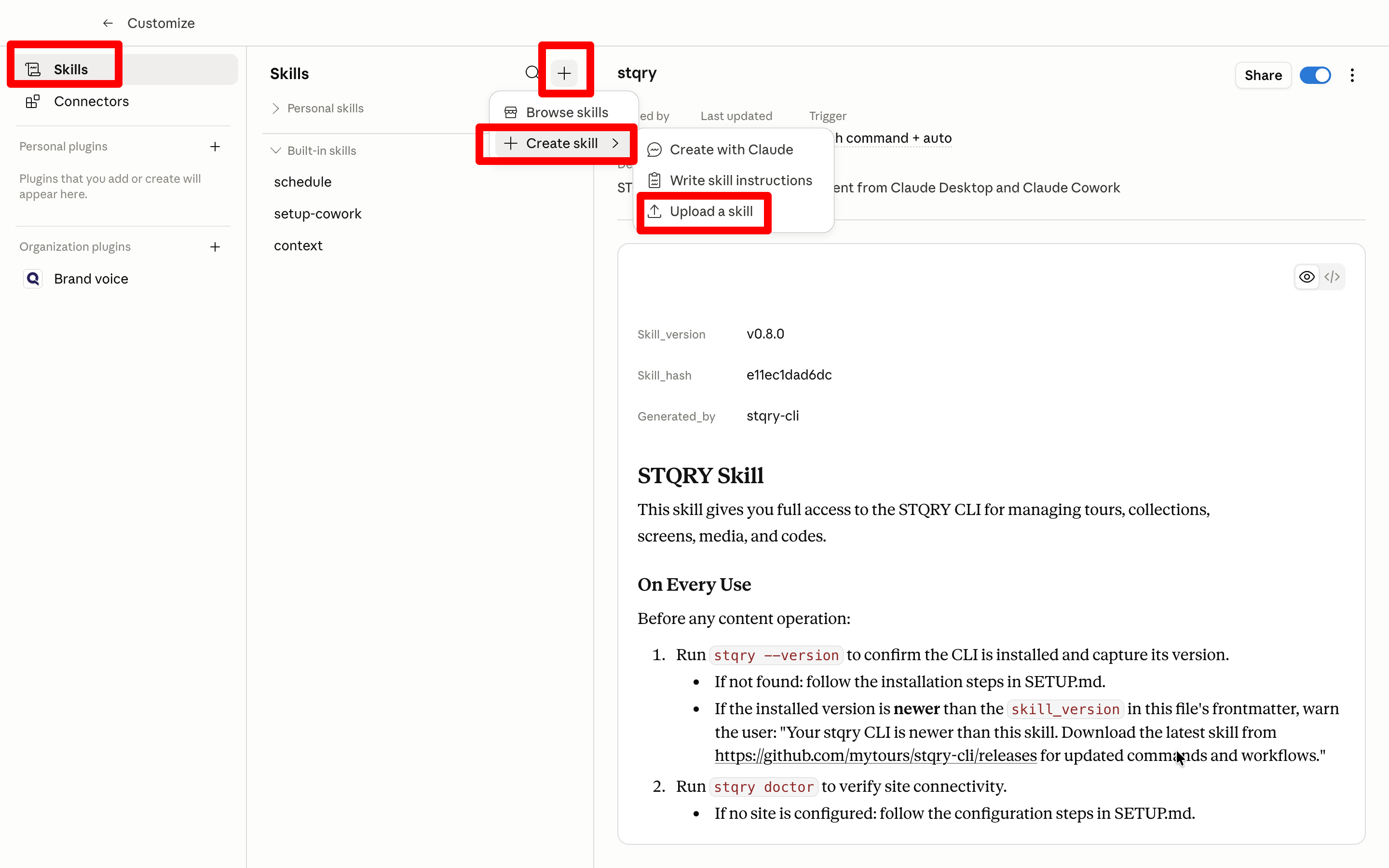 Screenshot showing how to upload the STQRY Skill in Claude Desktop