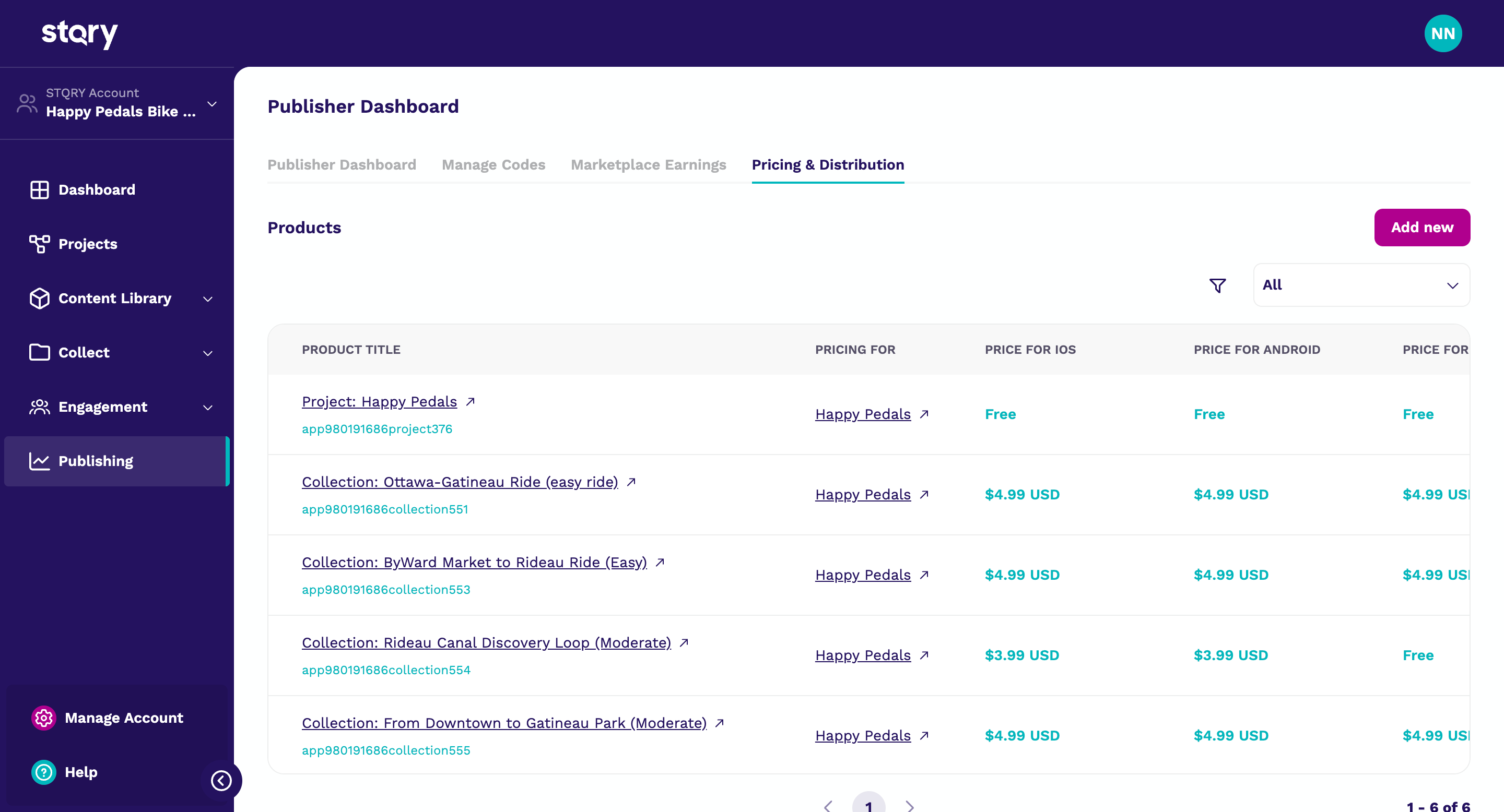 Pricing & Distribution page showing existing products with pricing for iOS, Android, and Web
