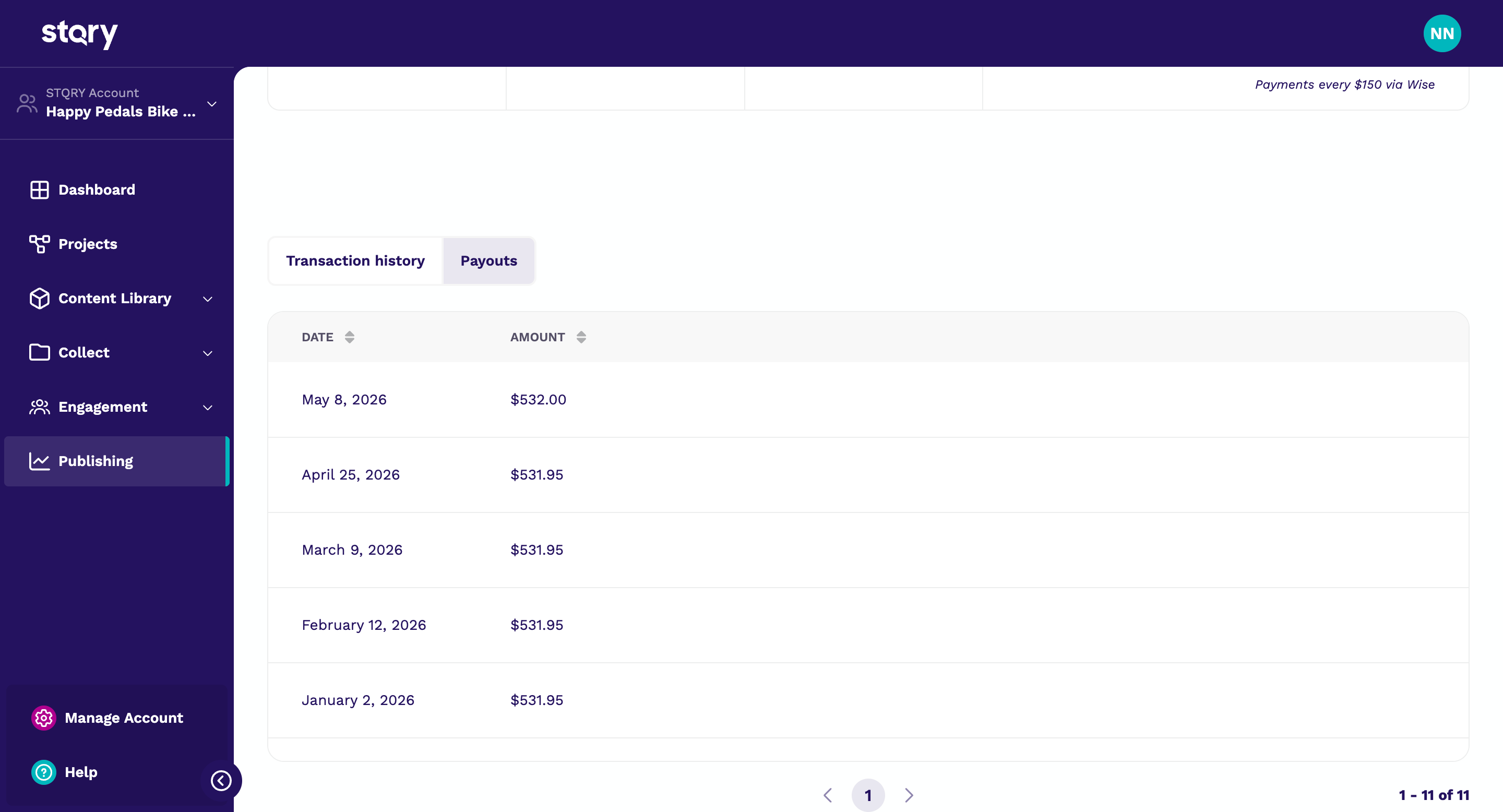 Marketplace Earnings Payouts tab showing payout date and amount