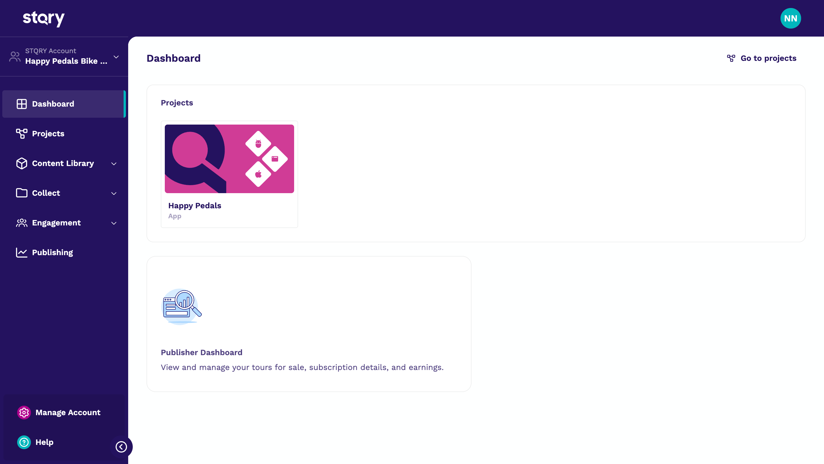 STQRY Dashboard showing projects and the Publishing option in the sidebar