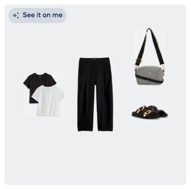 Image of an outfit tiled with the “See it on me” button in the upper left corner.