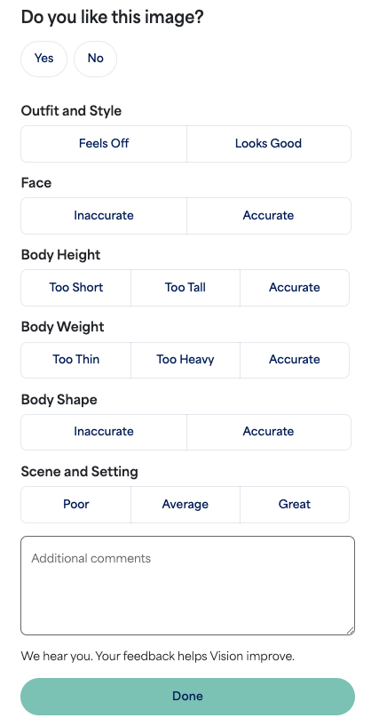 Image of the feedback categories and the type of feedback that can be provided on each Vision Image.