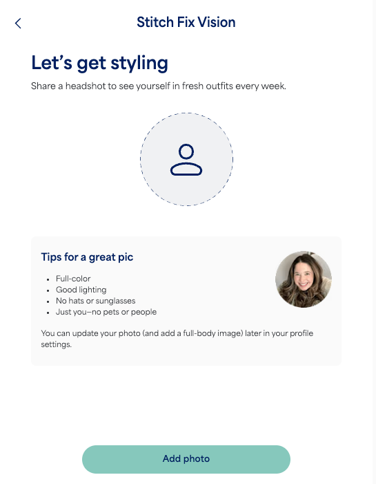 Image of requesting to add a photo to set up Stitch Fix Vision.