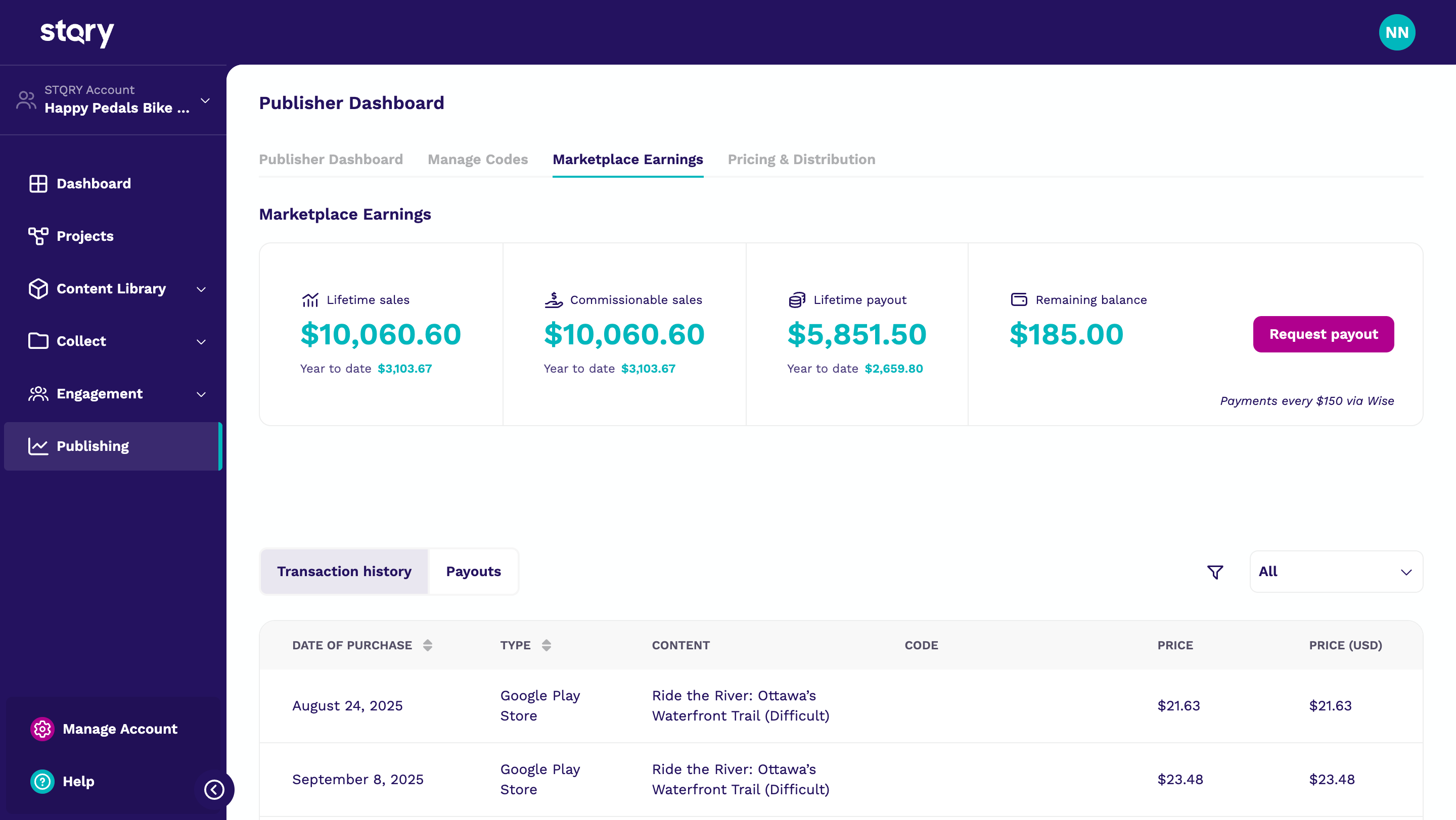 The Marketplace Earnings tab gives you a complete view of your sales performance and payouts.