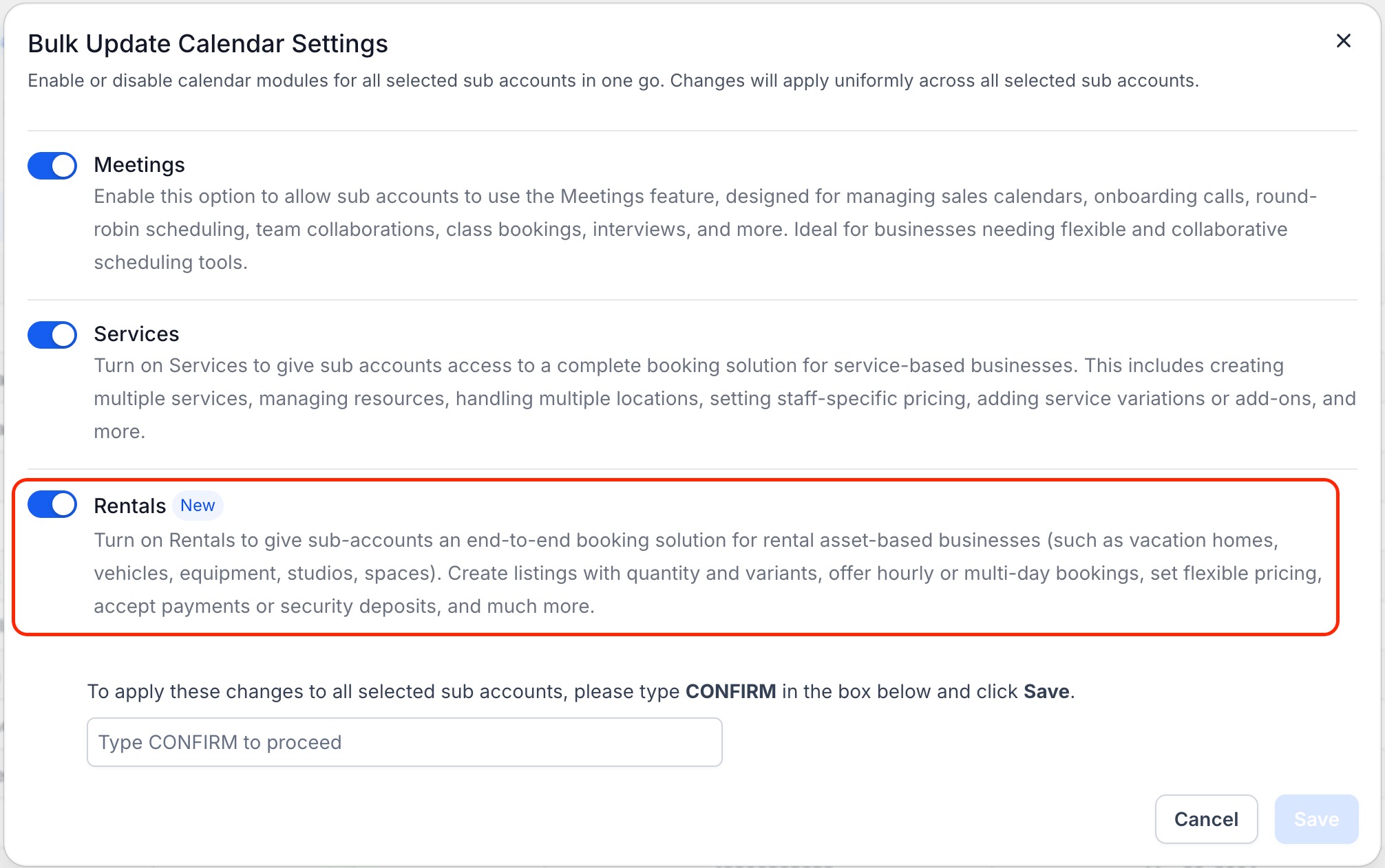 Enable rentals toggle