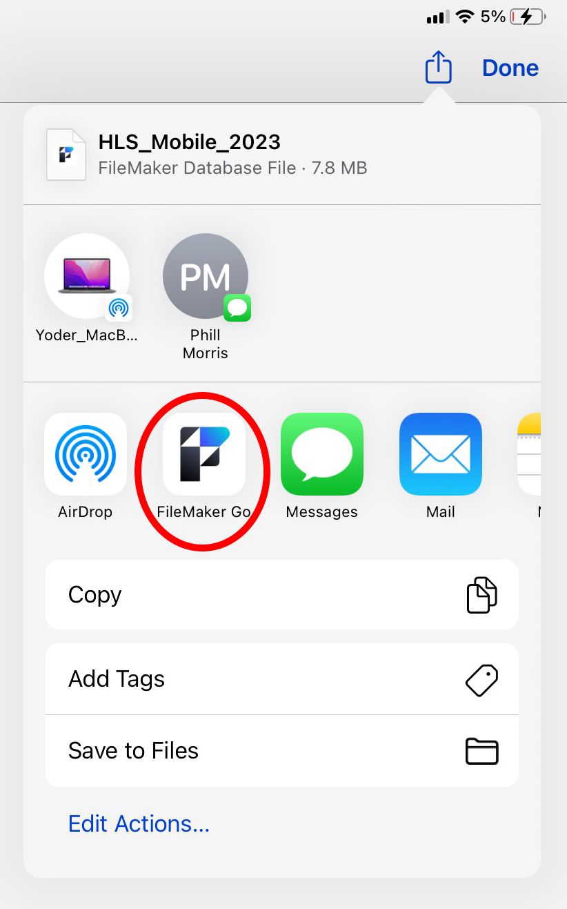 Example of the share option on the ipad where you select the filemaker app