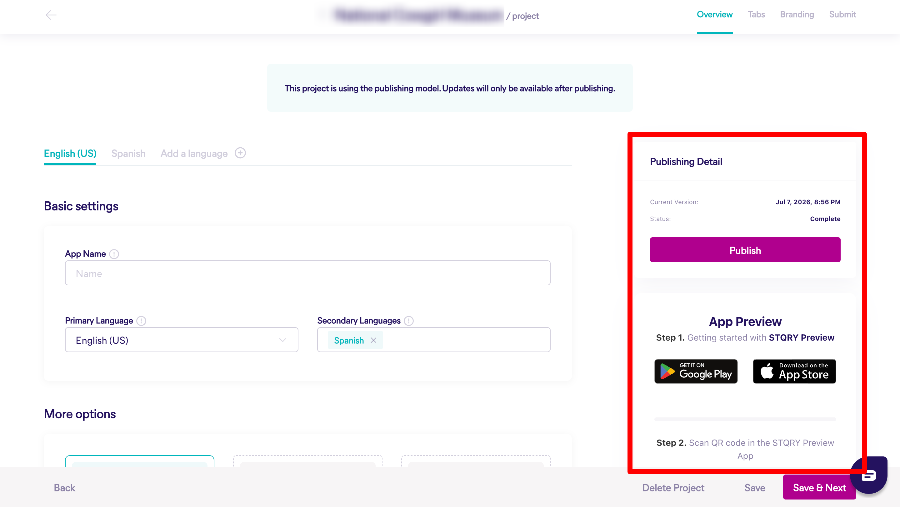 Screenshot showing the Publish button under Project Overview in STQRY Builder