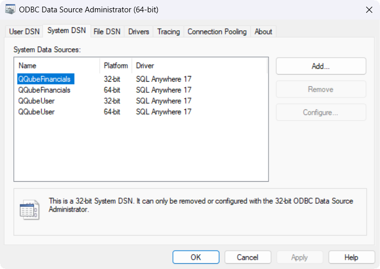 QQube System DSN settings