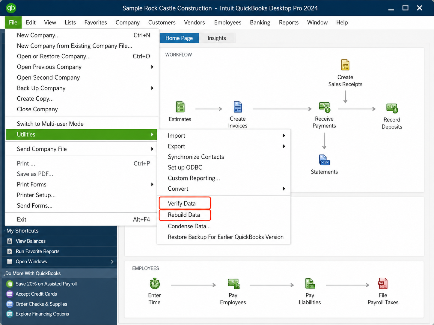 QuickBooks File menu showing Utilities, Verify Data, and Rebuild Data