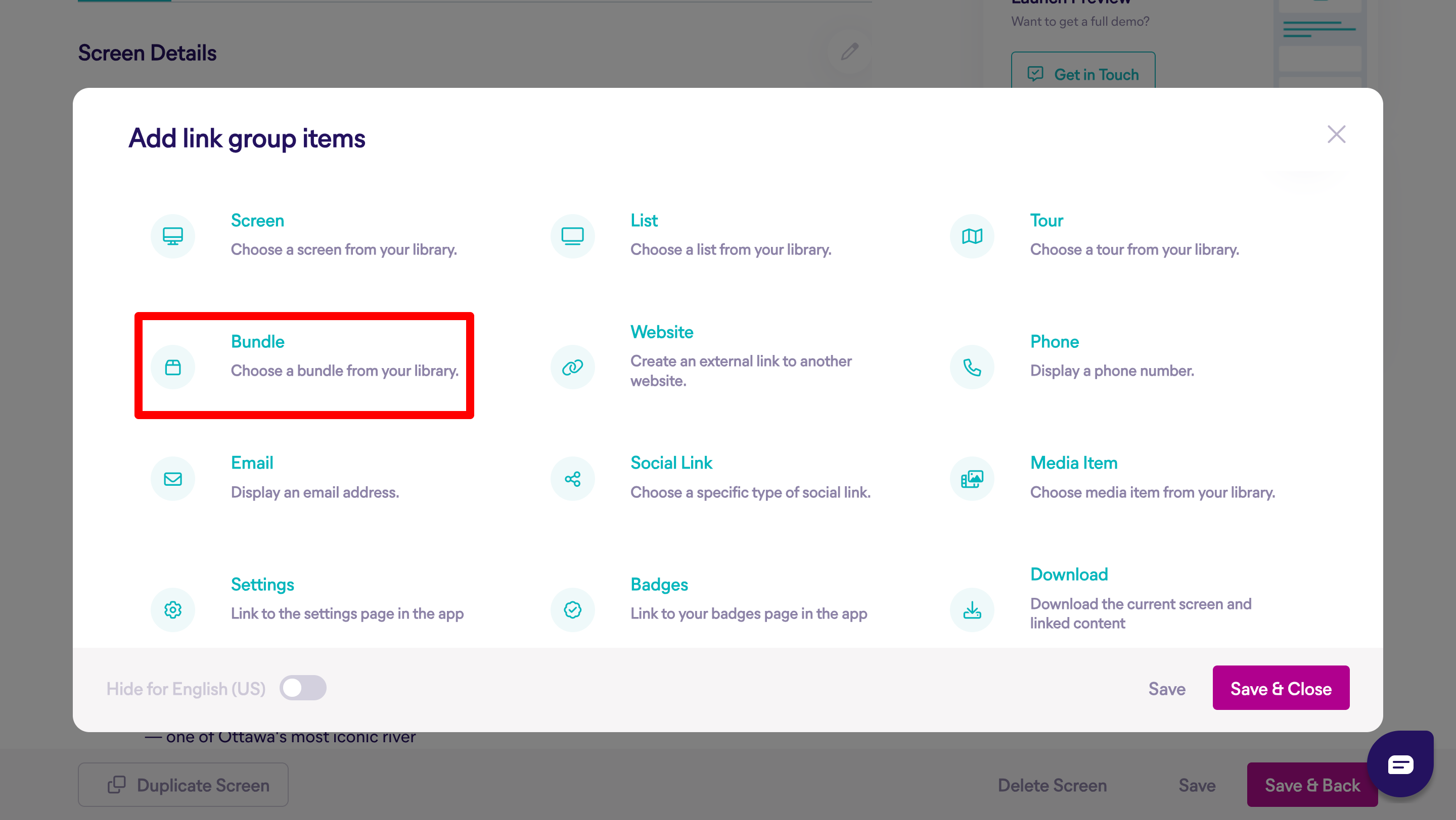 Screenshot highlighting the Bundle option added to a screen in STQRY Builder.