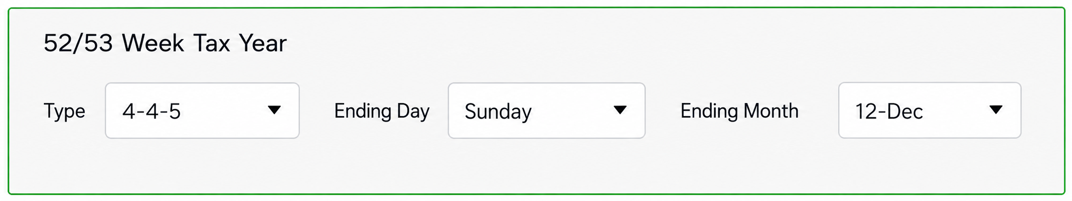 QQube Configuration Tool settings for the 52/53 Week Tax Year type, ending day, and ending month