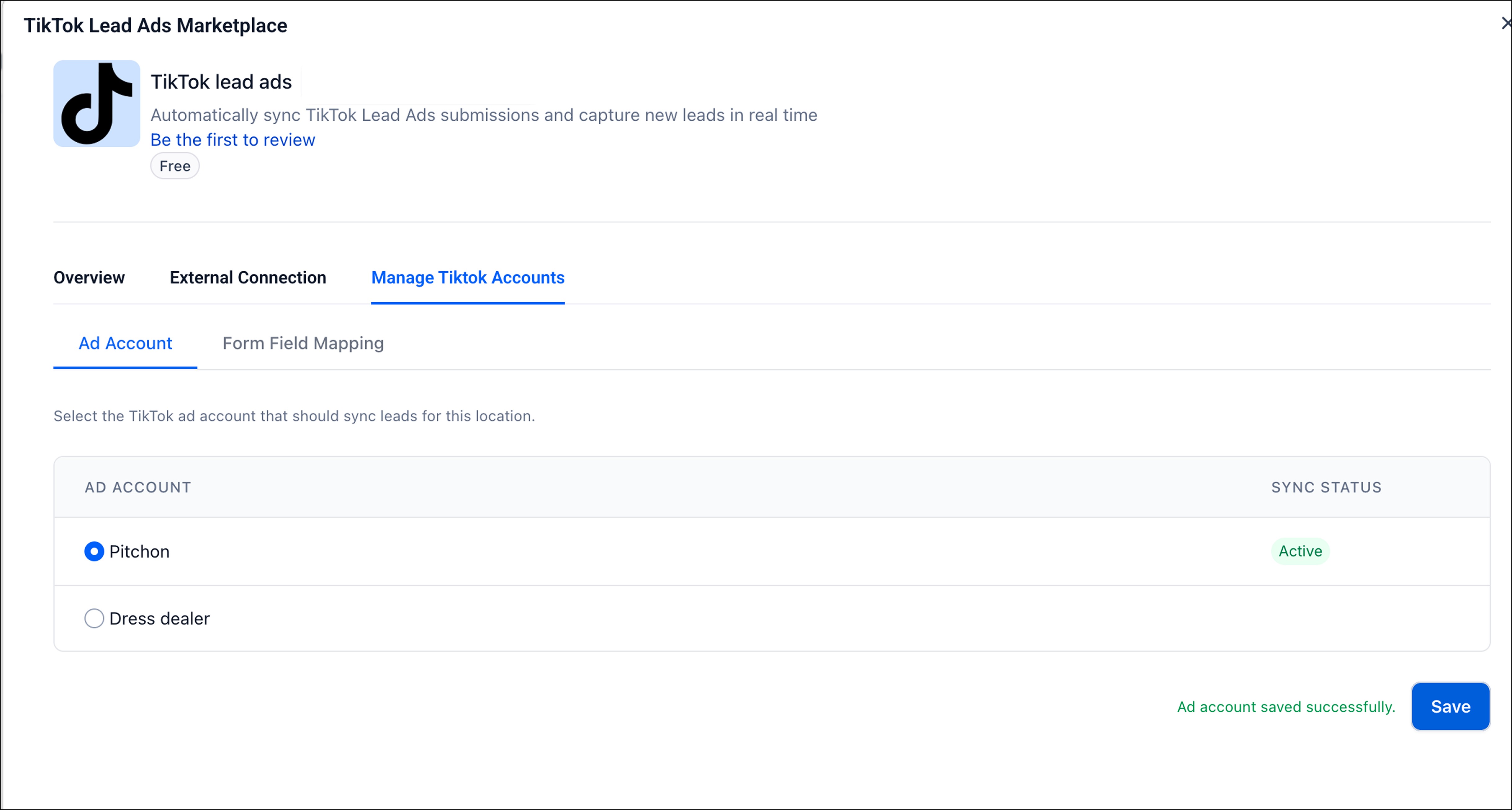 Connected Account screen