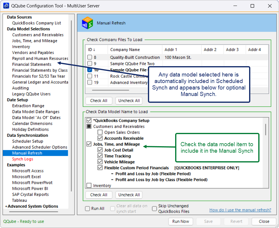 QQube data model selection options