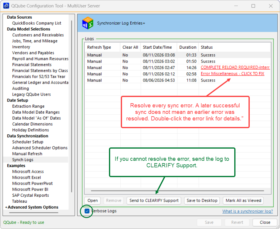 QQube synchronization log
