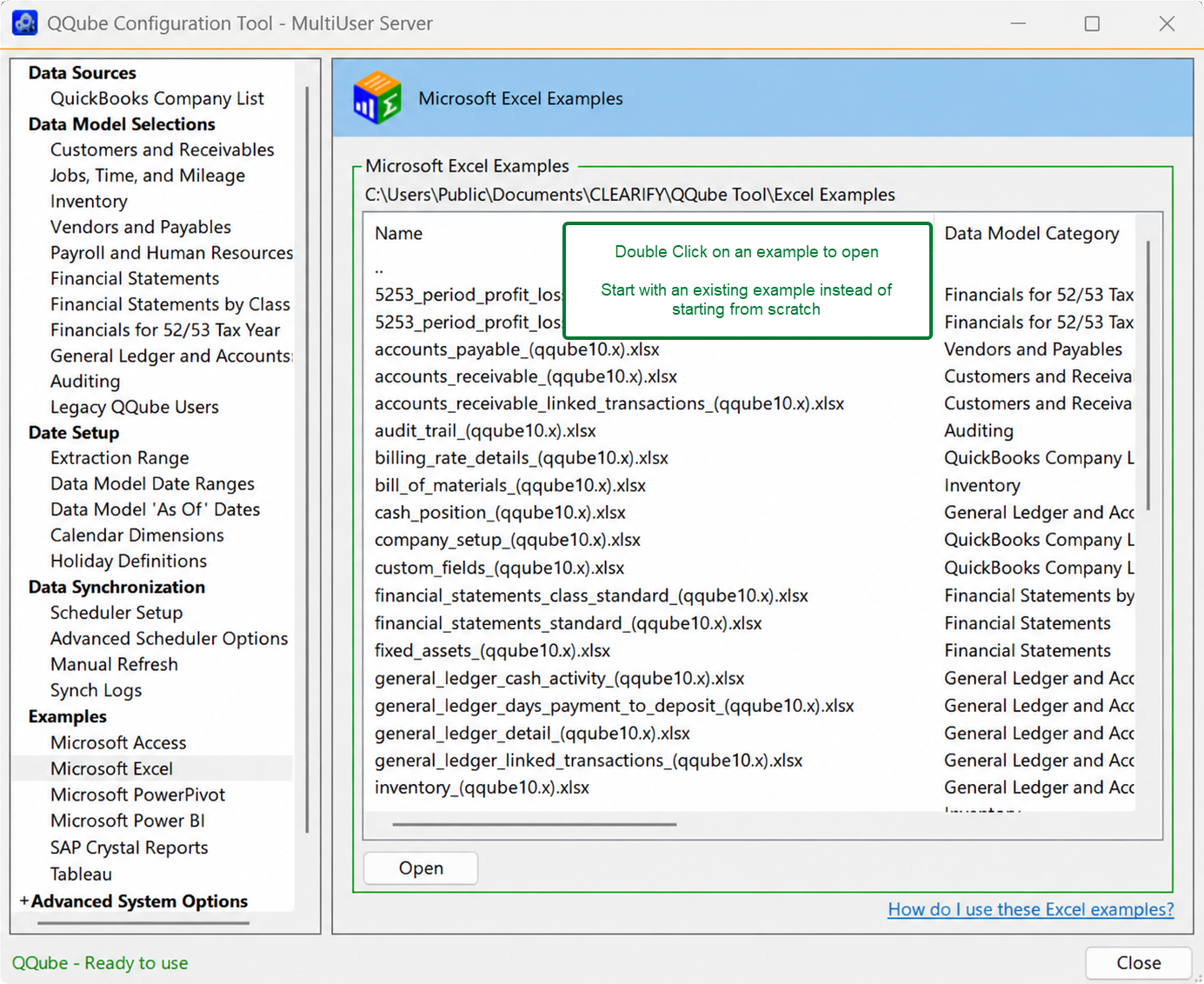 QQube Configuration Tool showing the available reporting examples