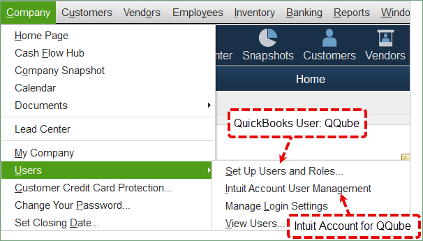 QuickBooks Company menu showing Intuit Account User Management
