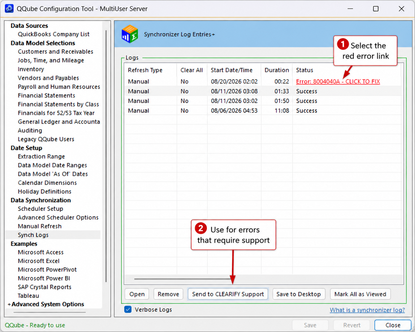 QQube Synchronizer log showing status links and the Send to CLEARIFY Support button