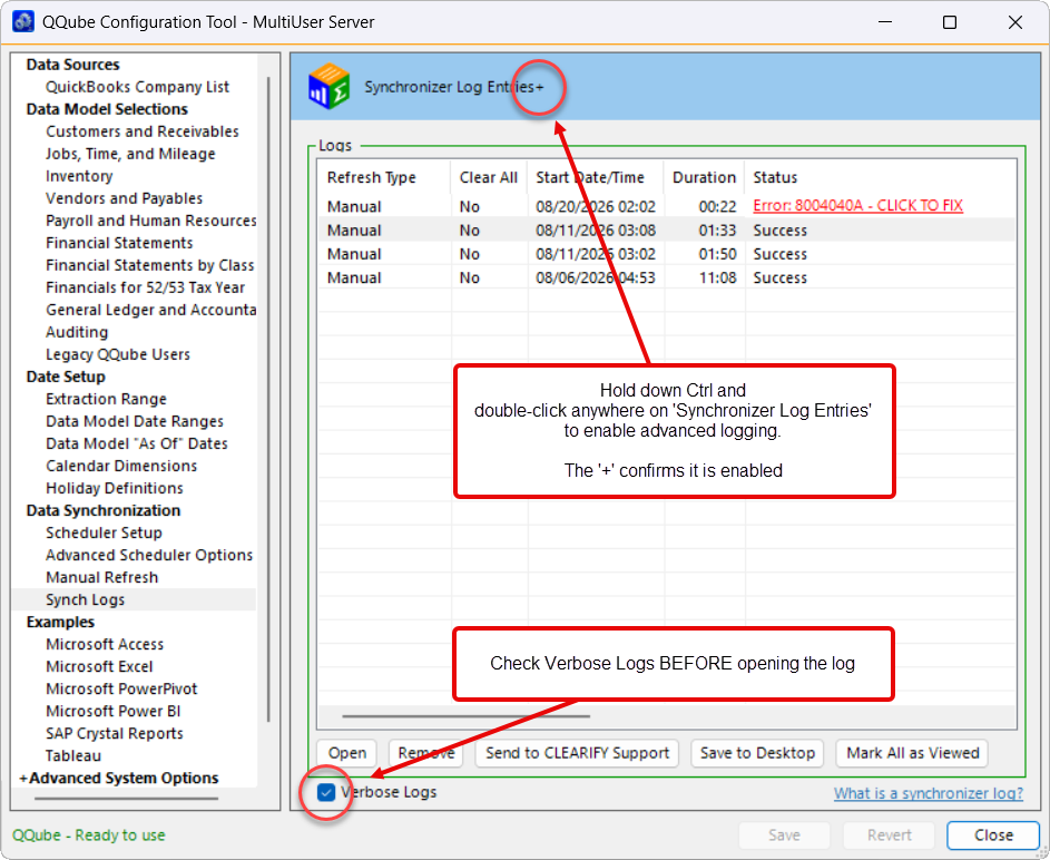 QQube Configuration Tool showing advanced Synchronizer Log Entries enabled