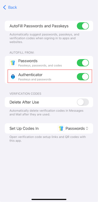 Screenshot that shows the turn-on passkey support option in Authenticator for iOS devices.
