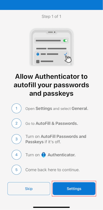 Screenshot that shows opening Settings to follow the onscreen instructions by using Authenticator for iOS devices.