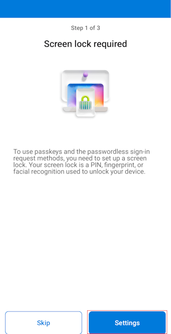 Screenshot that shows how to set up a lock screen for a passkey in Authenticator for Android devices.