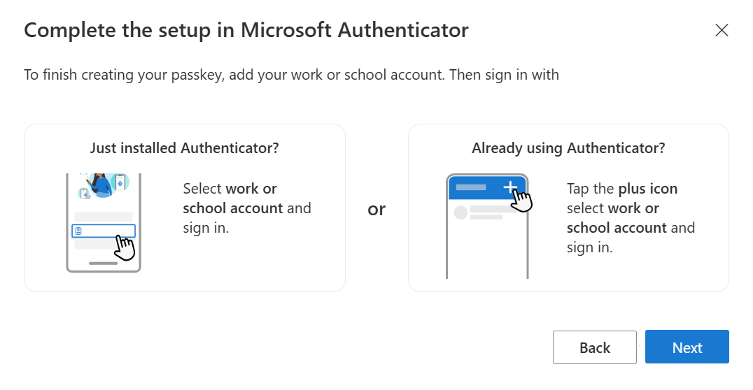 Screenshot that shows the wizard to complete the passkey setup in Authenticator.