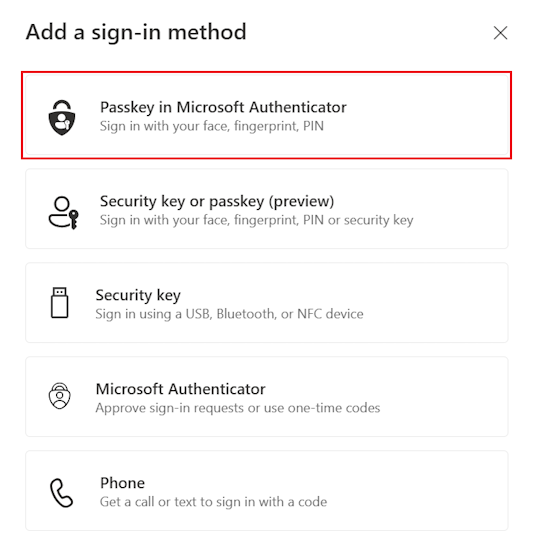 Screenshot that shows how to select a passkey in Authenticator as a sign-in method.