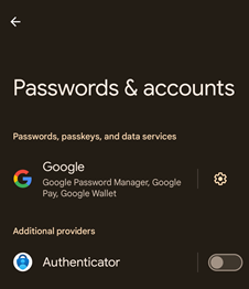 Screenshot that shows selecting passwords and password options by using Authenticator for Android devices.