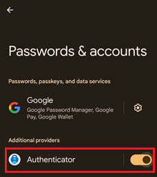 Screenshot that shows enabling Authenticator as a provider by using Authenticator for Android devices.