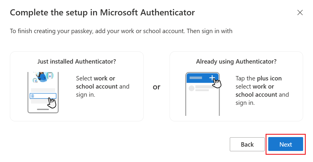 Screenshot that shows the wizard to complete the passkey setup in Authenticator on Android.