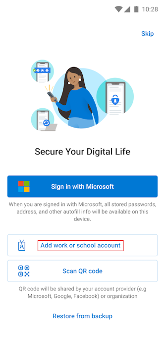 Screenshot that shows the first screen to appear for Authenticator for Android devices.
