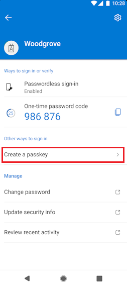 Screenshot that shows how to create a passkey in Authenticator for Android devices.
