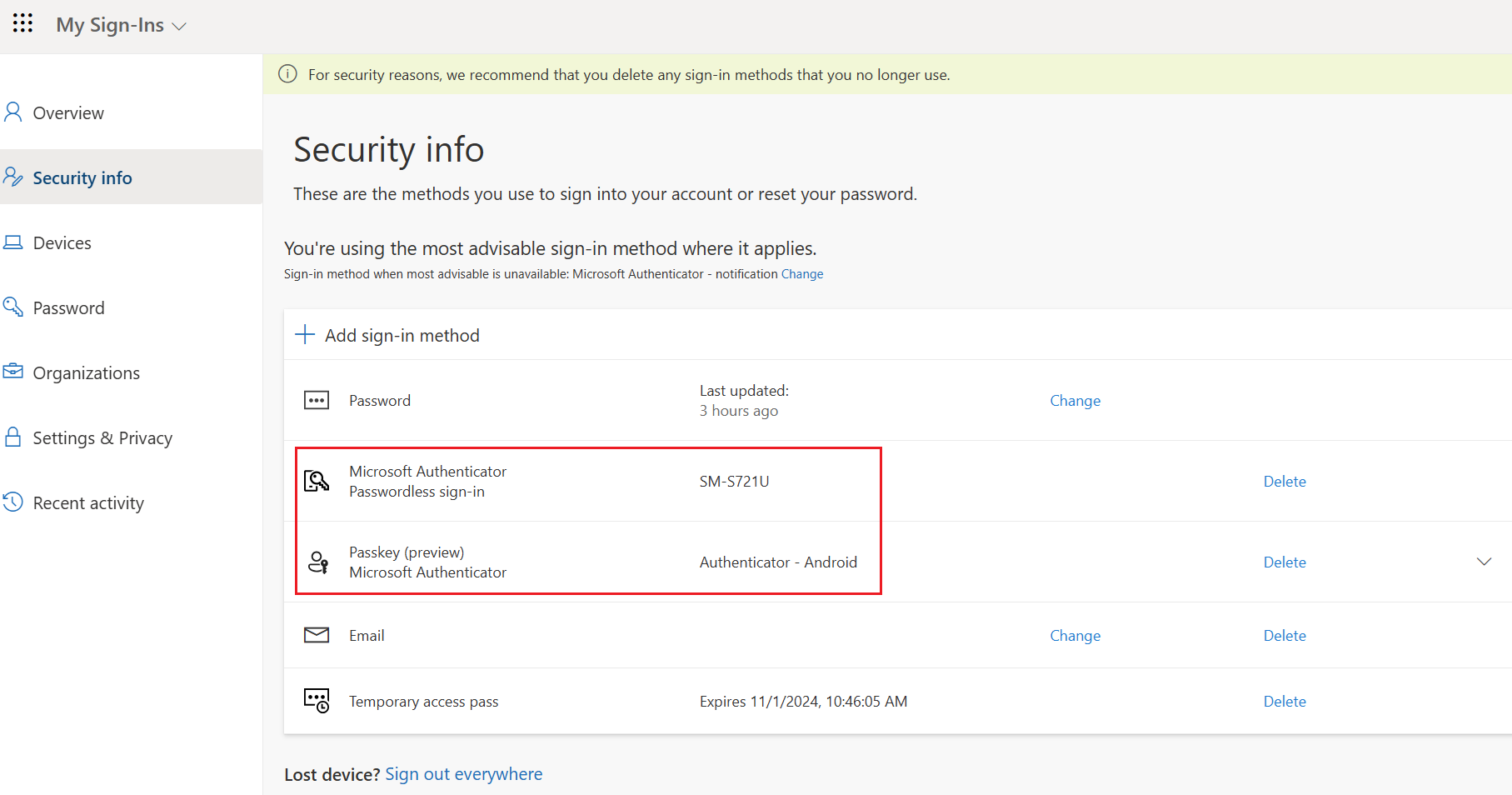 Screenshot that shows a new passkey on Android sign-in method in Security info on your other device.