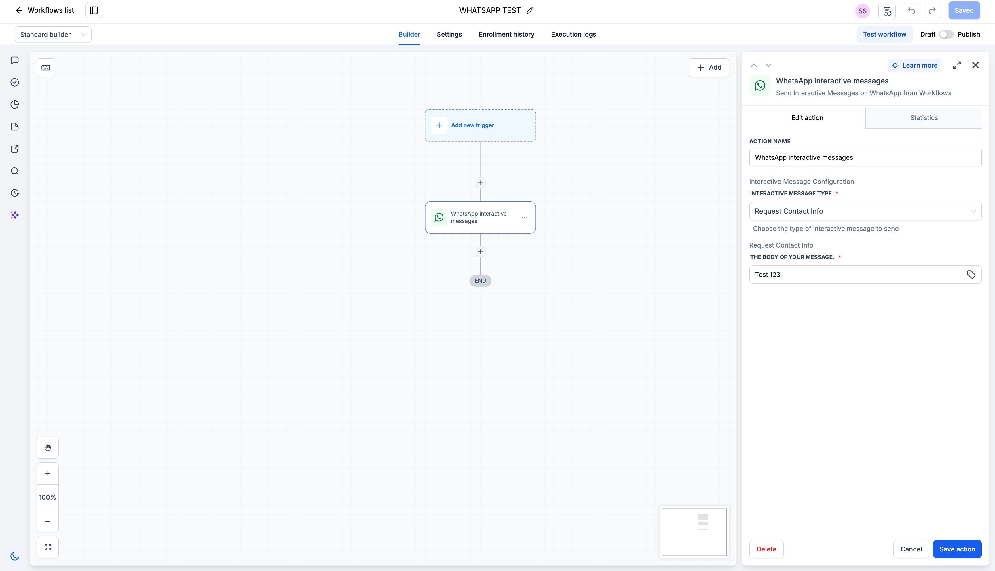 Configuring the Request Contact Info WhatsApp interactive message action