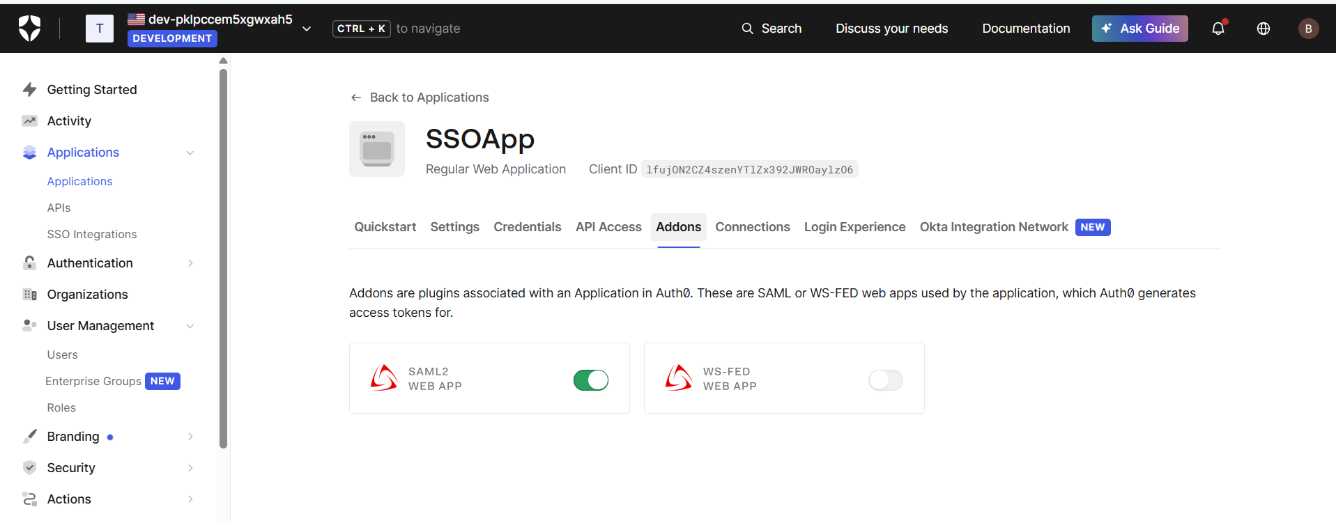Enabling the SAML2 Web App addon